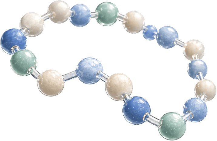 Stylized illustration of a peptide chain with blue, green, and cream colored beads linked together