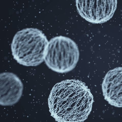 Abstract illustration of cell-like spheres on a dark blue background